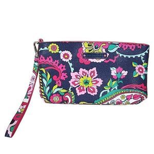 Vera Bradley- Classic Wristlet Top Zip Vinyl in Petal Paisley Blue Magenta